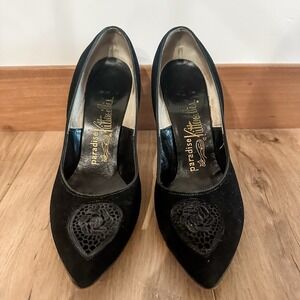 1950's VTG Paradise Kitten-ettes Black Stiletto Heels Shoes 5 1/2 Lace 3.5" Heel